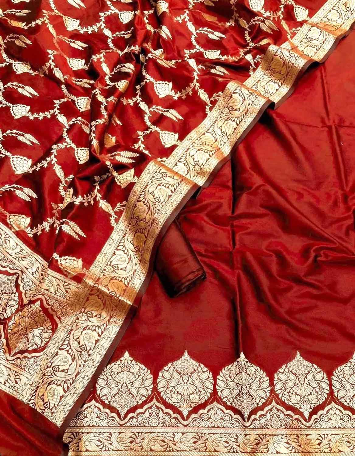 Red Banarasi Silk Three Piece Unstitched Suit Set - Luxurion World