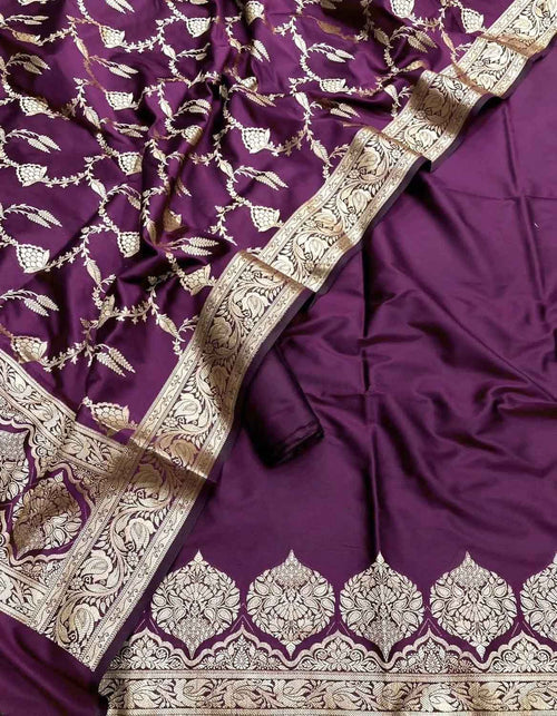 Purple Banarasi Silk Three Piece Unstitched Suit Set - Luxurion World