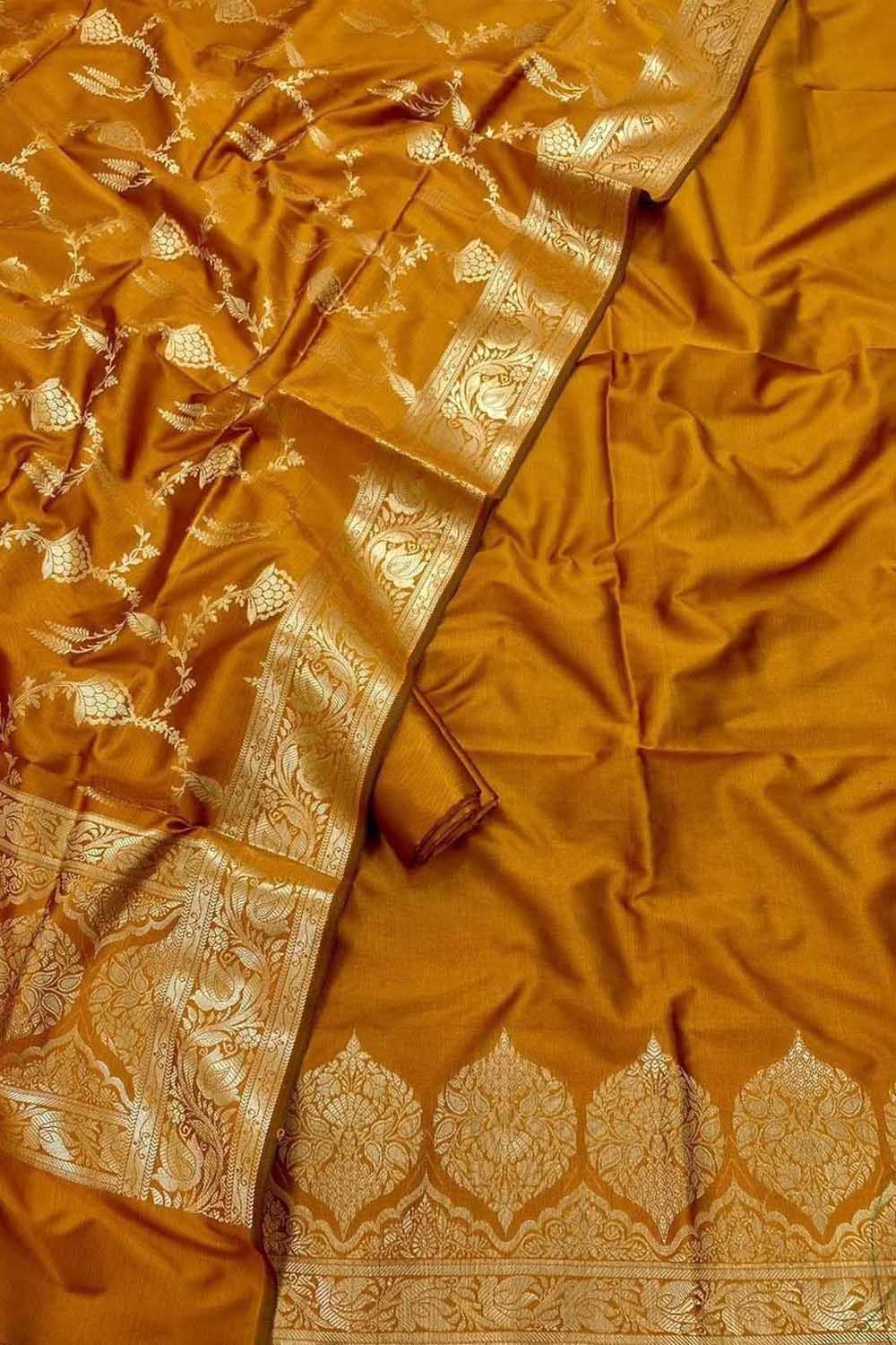 Yellow Banarasi Silk Three Piece Unstitched Suit Set - Luxurion World