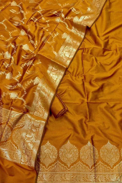 Yellow Banarasi Silk Three Piece Unstitched Suit Set - Luxurion World