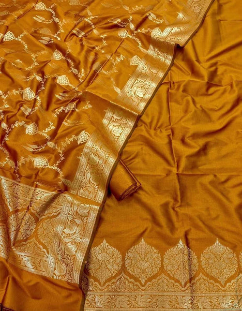 Yellow Banarasi Silk Three Piece Unstitched Suit Set - Luxurion World
