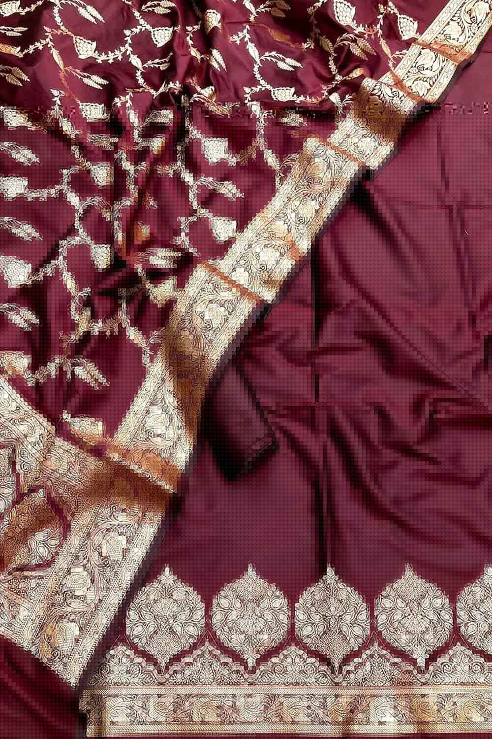 Maroon Banarasi Silk Three Piece Unstitched Suit Set - Luxurion World