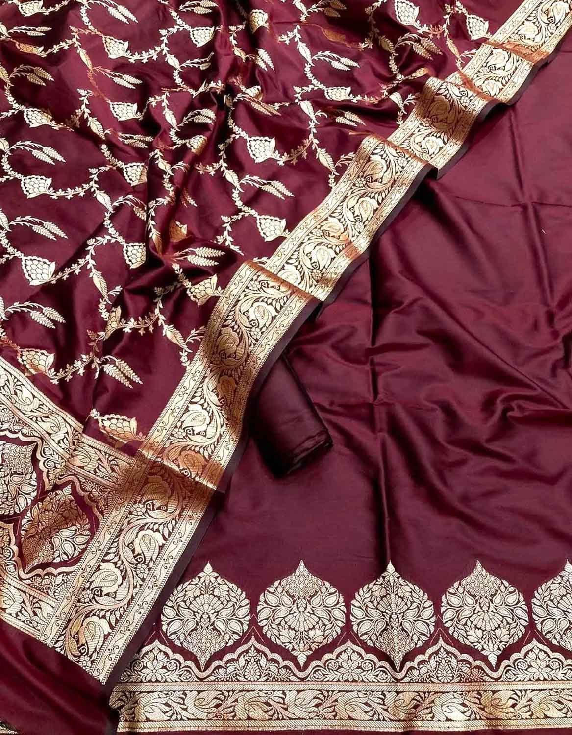 Maroon Banarasi Silk Three Piece Unstitched Suit Set - Luxurion World