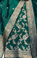 Green Pure Katan Silk Banarasi Handloom Suit Set - Luxurion World