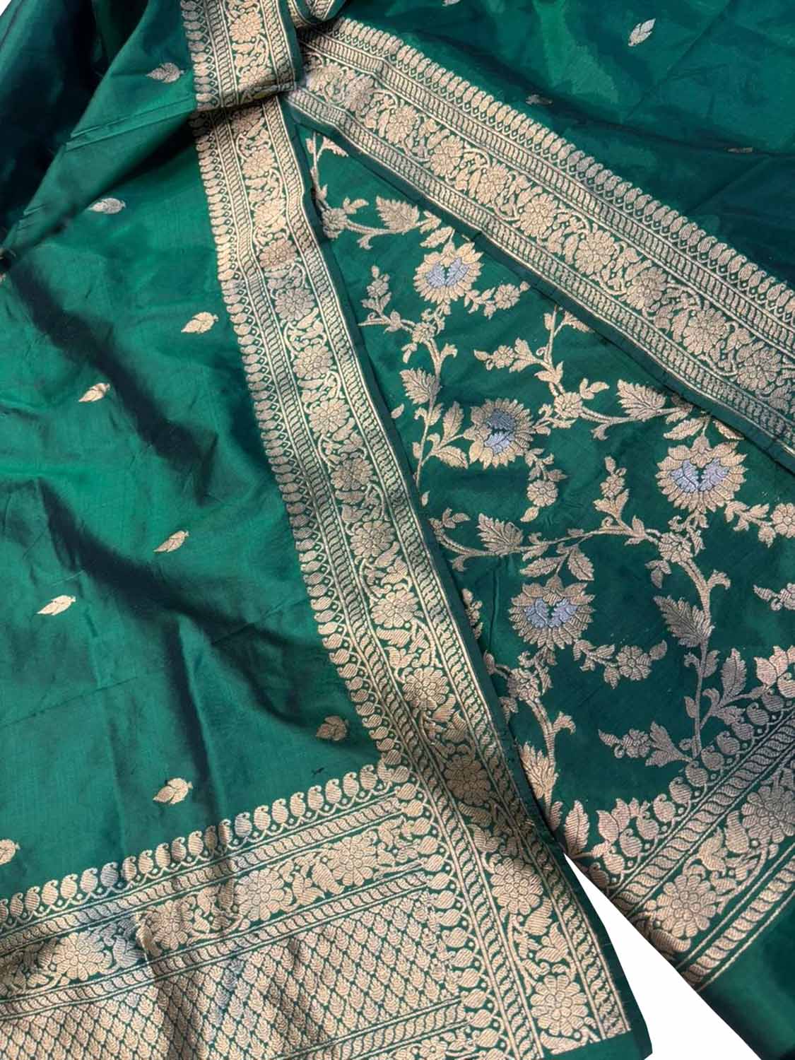 Green Pure Katan Silk Banarasi Handloom Suit Set - Luxurion World