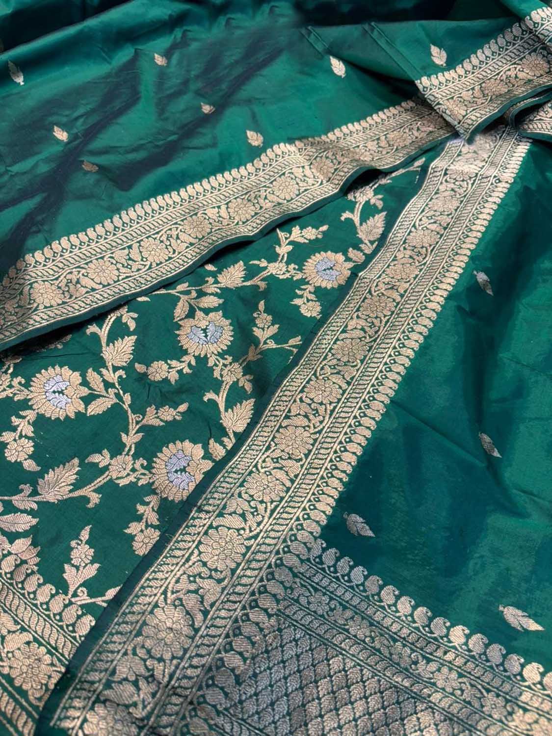 Green Pure Katan Silk Banarasi Handloom Suit Set - Luxurion World