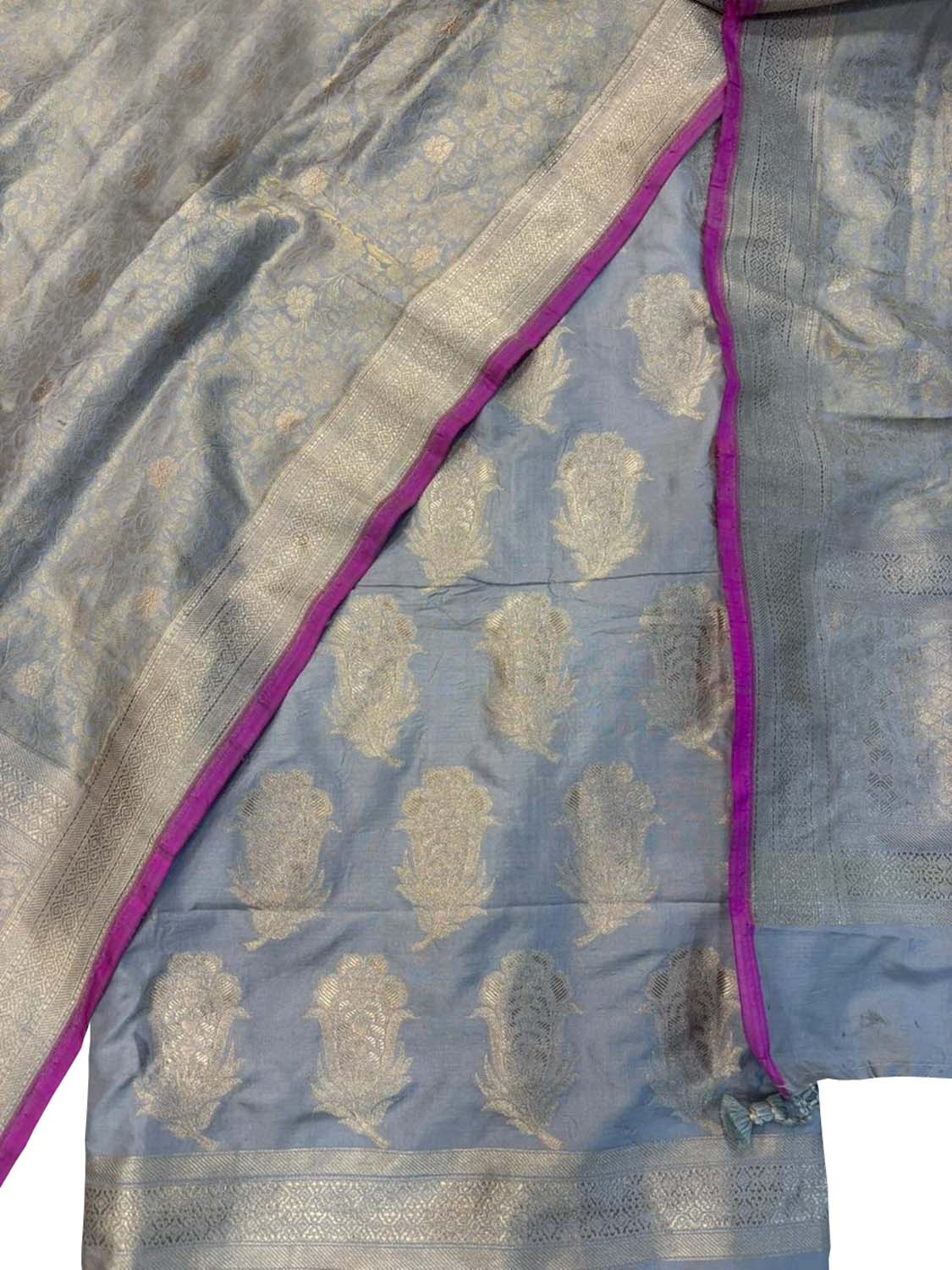 Blue Pure Katan Silk Banarasi Handloom Suit Set - Luxurion World