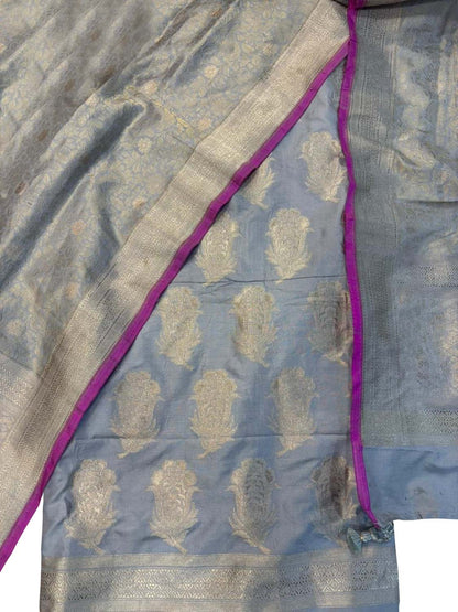 Blue Pure Katan Silk Banarasi Handloom Suit Set - Luxurion World