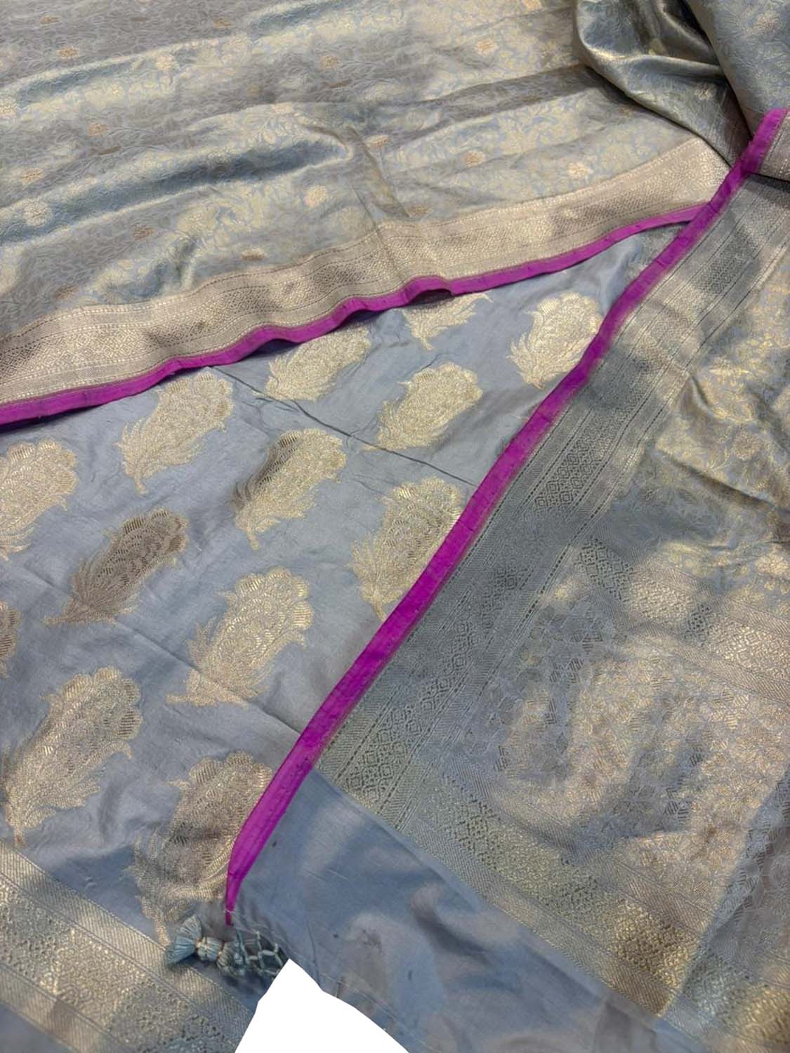 Blue Pure Katan Silk Banarasi Handloom Suit Set - Luxurion World