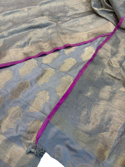 Blue Pure Katan Silk Banarasi Handloom Suit Set - Luxurion World