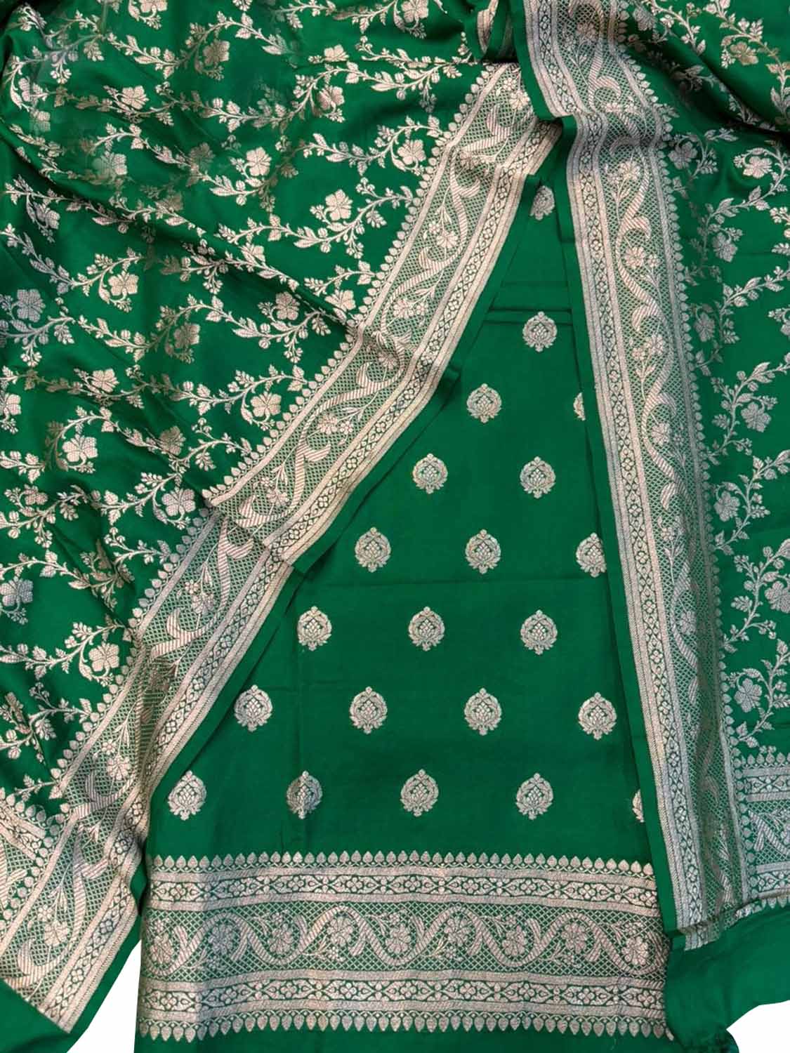 Green Pure Katan Silk Banarasi Handloom Suit Set - Luxurion World