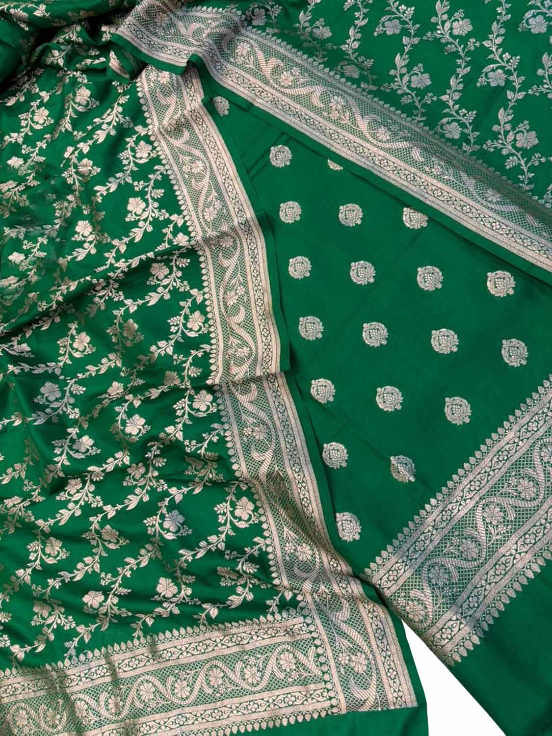 Green Pure Katan Silk Banarasi Handloom Suit Set - Luxurion World