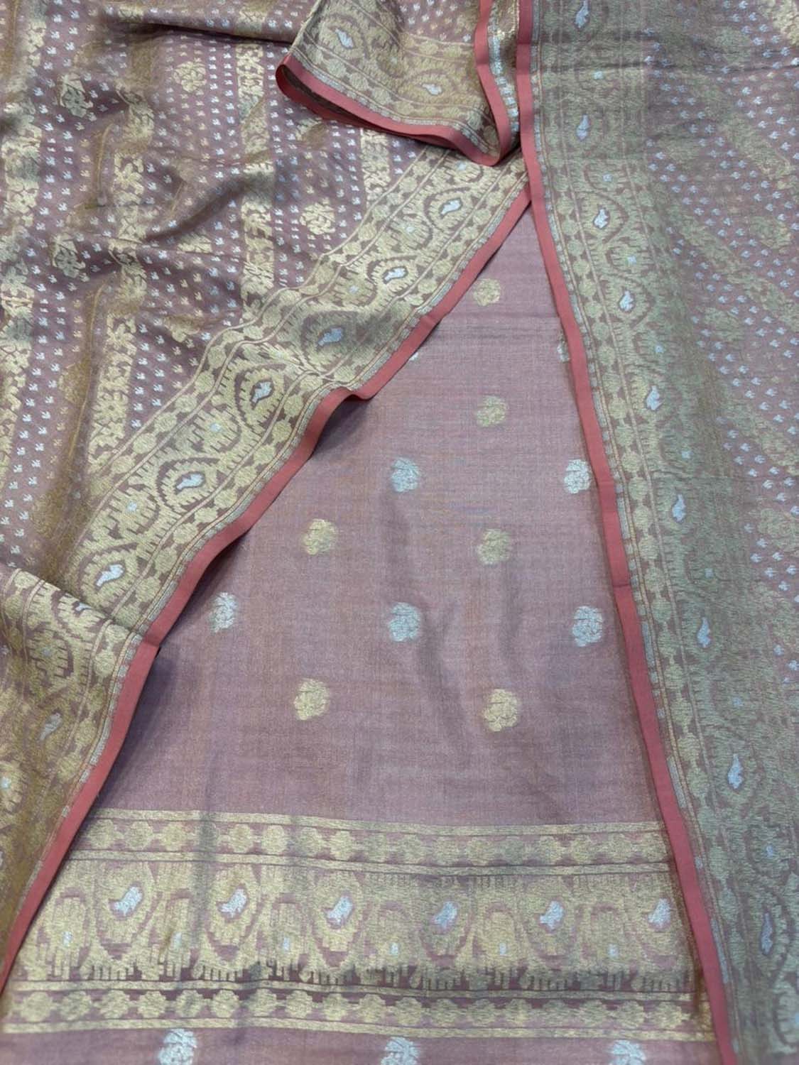 Pink Pure Tissue Silk Banarasi Jamdani Handloom Suit Set - Luxurion World