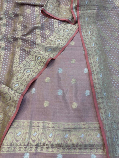 Pink Pure Tissue Silk Banarasi Jamdani Handloom Suit Set - Luxurion World