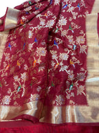Red Pure Katan Silk Banarasi Handloom Unstitched Three Piece Suit Set - Luxurion World
