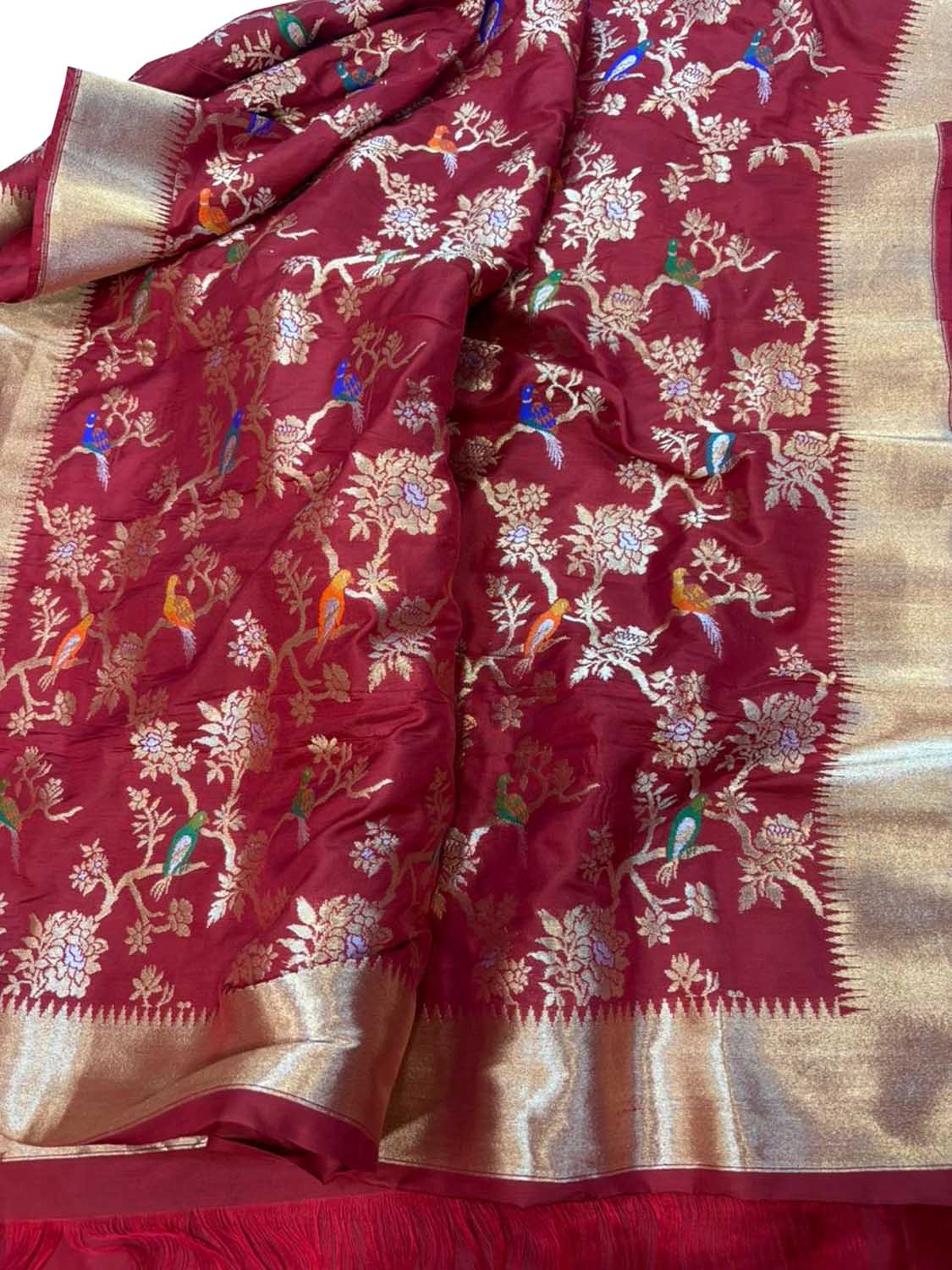 Red Pure Katan Silk Banarasi Handloom Unstitched Three Piece Suit Set - Luxurion World