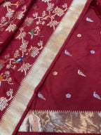 Red Pure Katan Silk Banarasi Handloom Unstitched Three Piece Suit Set - Luxurion World