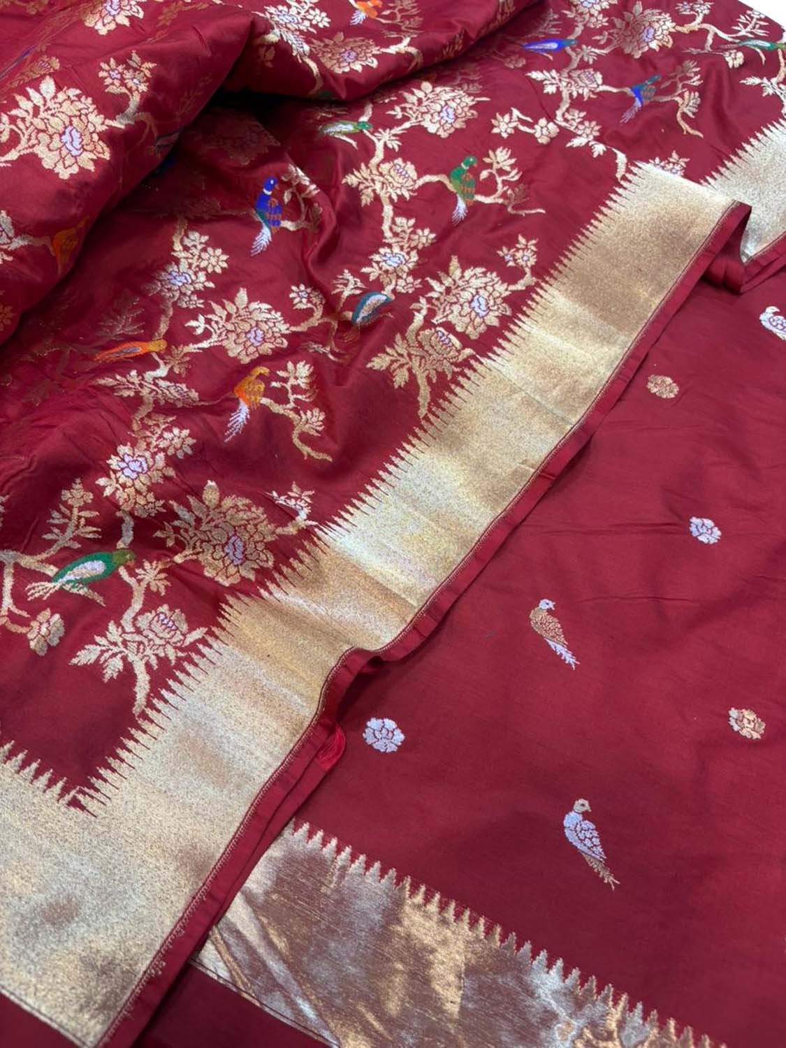 Red Pure Katan Silk Banarasi Handloom Unstitched Three Piece Suit Set - Luxurion World