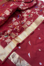 Red Pure Katan Silk Banarasi Handloom Unstitched Three Piece Suit Set - Luxurion World