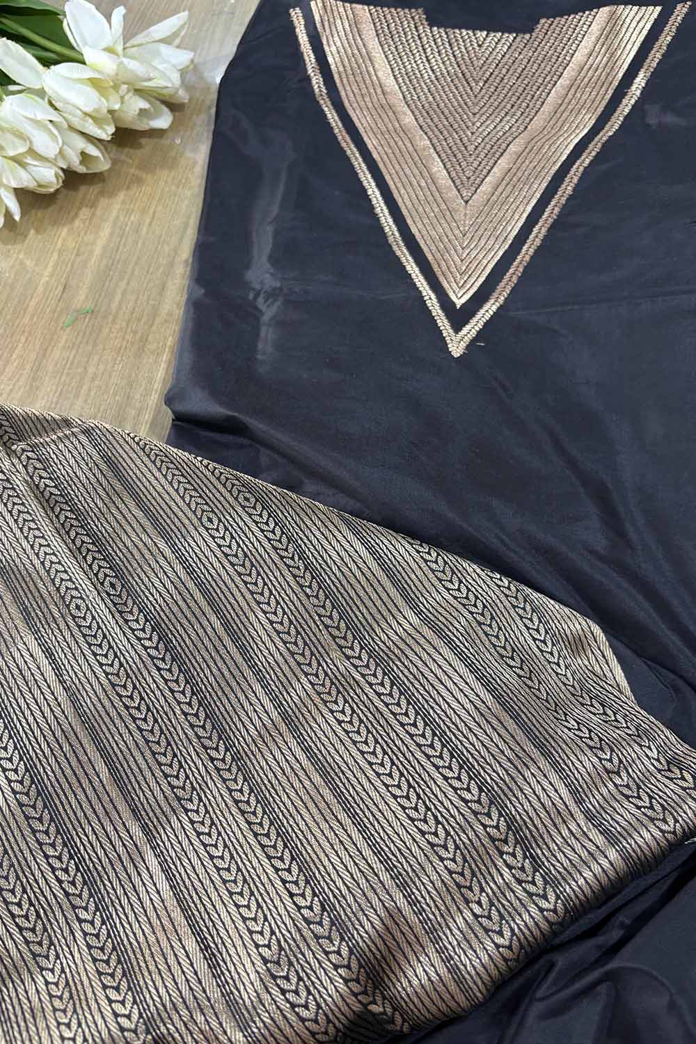 Black Handloom Banarasi Pure Katan Silk Two Piece Unstitched Suit Set - Luxurion World