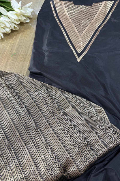 Black Handloom Banarasi Pure Katan Silk Two Piece Unstitched Suit Set - Luxurion World