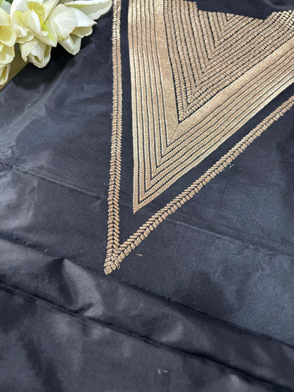 Black Handloom Banarasi Pure Katan Silk Two Piece Unstitched Suit Set - Luxurion World