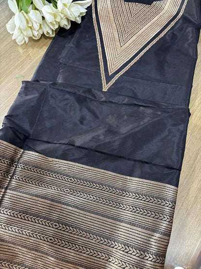 Black Handloom Banarasi Pure Katan Silk Two Piece Unstitched Suit Set - Luxurion World