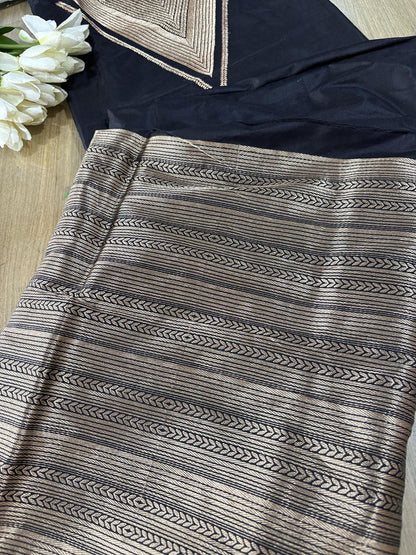 Black Handloom Banarasi Pure Katan Silk Two Piece Unstitched Suit Set - Luxurion World