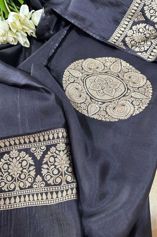 Black Handloom Banarasi Pure Katan Silk Two Piece Unstitched Suit Set - Luxurion World