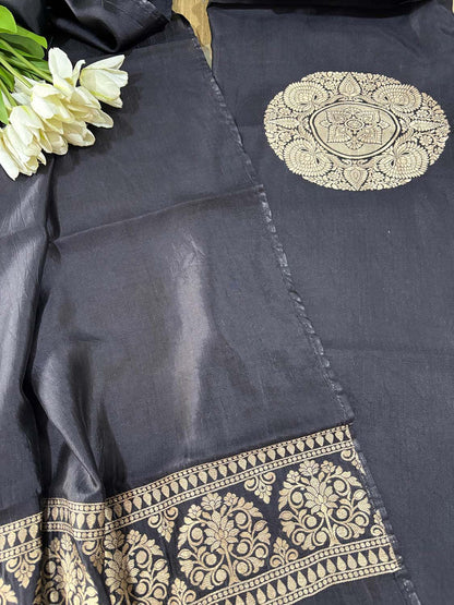 Black Handloom Banarasi Pure Katan Silk Two Piece Unstitched Suit Set - Luxurion World
