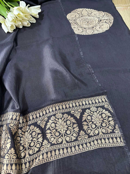 Black Handloom Banarasi Pure Katan Silk Two Piece Unstitched Suit Set - Luxurion World