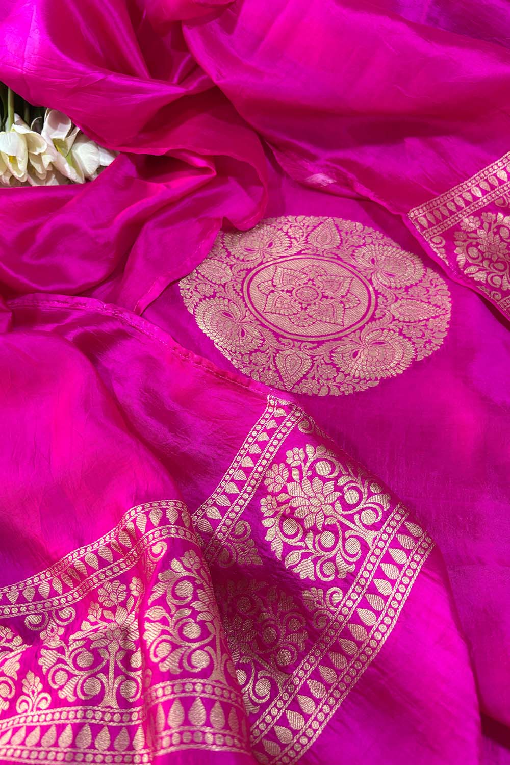 Pink Handloom Banarasi Pure Katan Silk Two Piece Unstitched Suit Set - Luxurion World