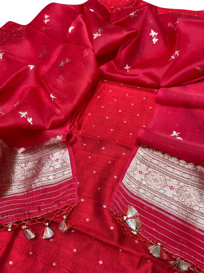 Red Banarasi Silk Suit Set with Organza Dupatta - Luxurion World