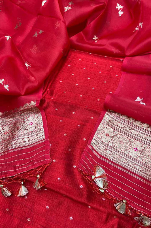 Red Banarasi Silk Suit Set with Organza Dupatta