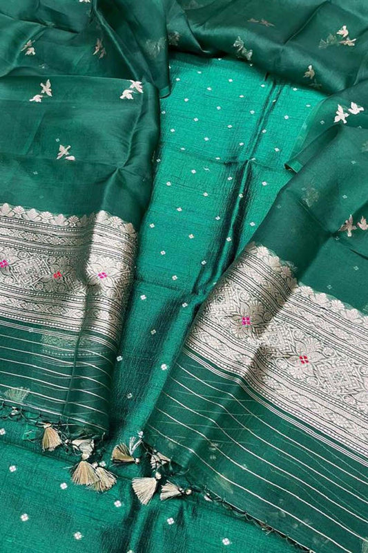Green Banarasi Silk Suit Set with Organza Dupatta - Luxurion World