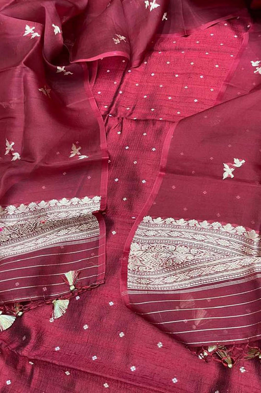 Elegant Maroon Banarasi Silk Suit Set & Organza Dupatta - Luxurion World