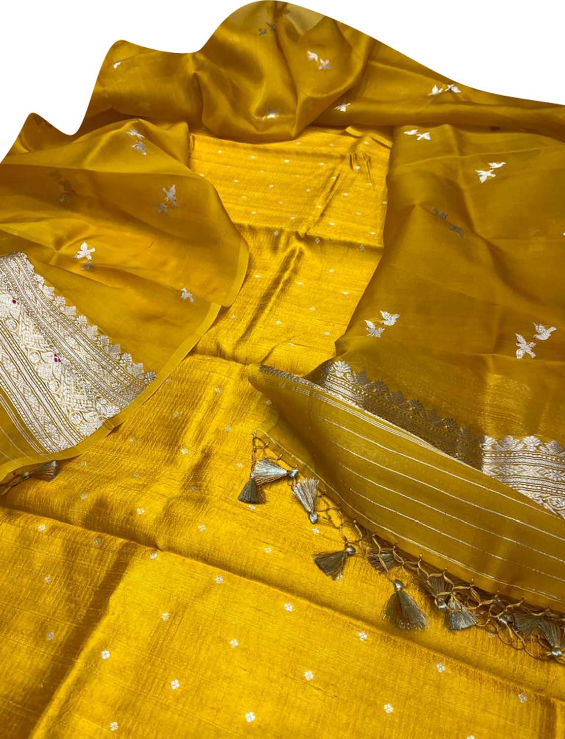 Yellow Banarasi Silk Suit Set with Organza Dupatta - Luxurion World