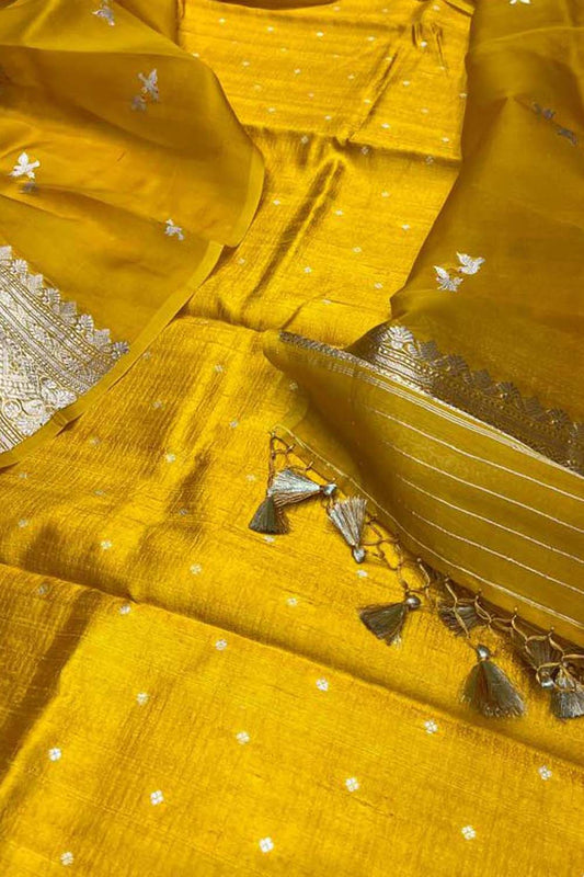 Yellow Banarasi Silk Suit Set with Organza Dupatta