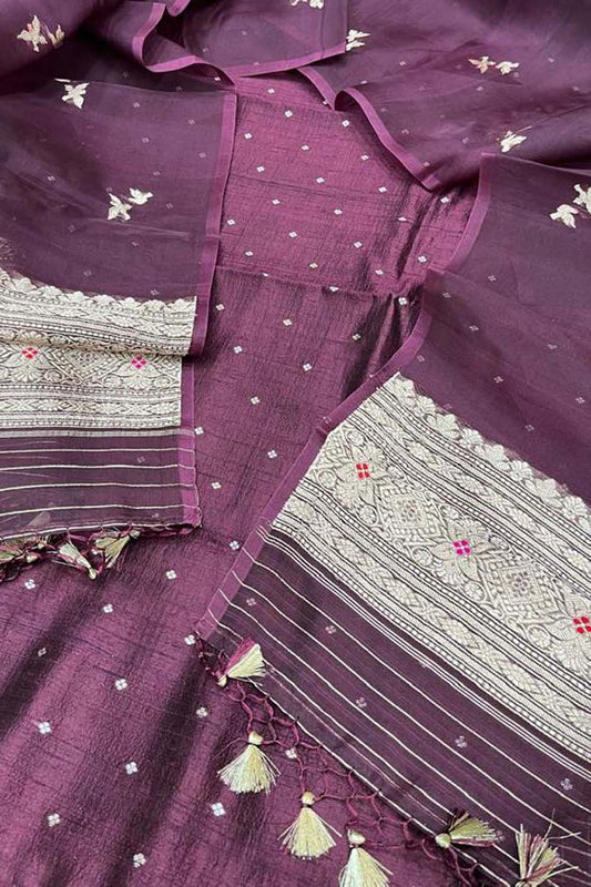 Elegant Maroon Banarasi Silk Suit Set with Organza Dupatta