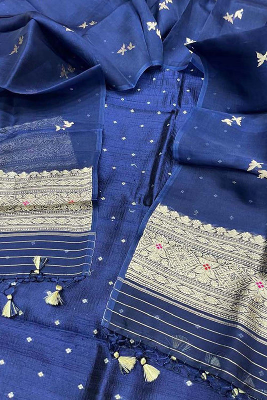 Elegant Blue Banarasi Silk Suit Set With Organza Dupatta - Luxurion World