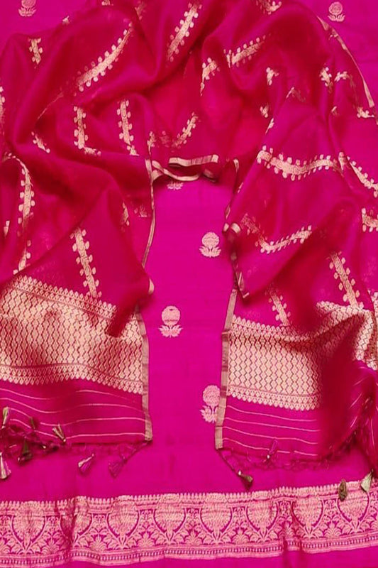 Elegant Pink Banarasi Pure Raw Silk Kadwa Three Piece Unstitched Suit With Kora Dupatta - Luxurion World