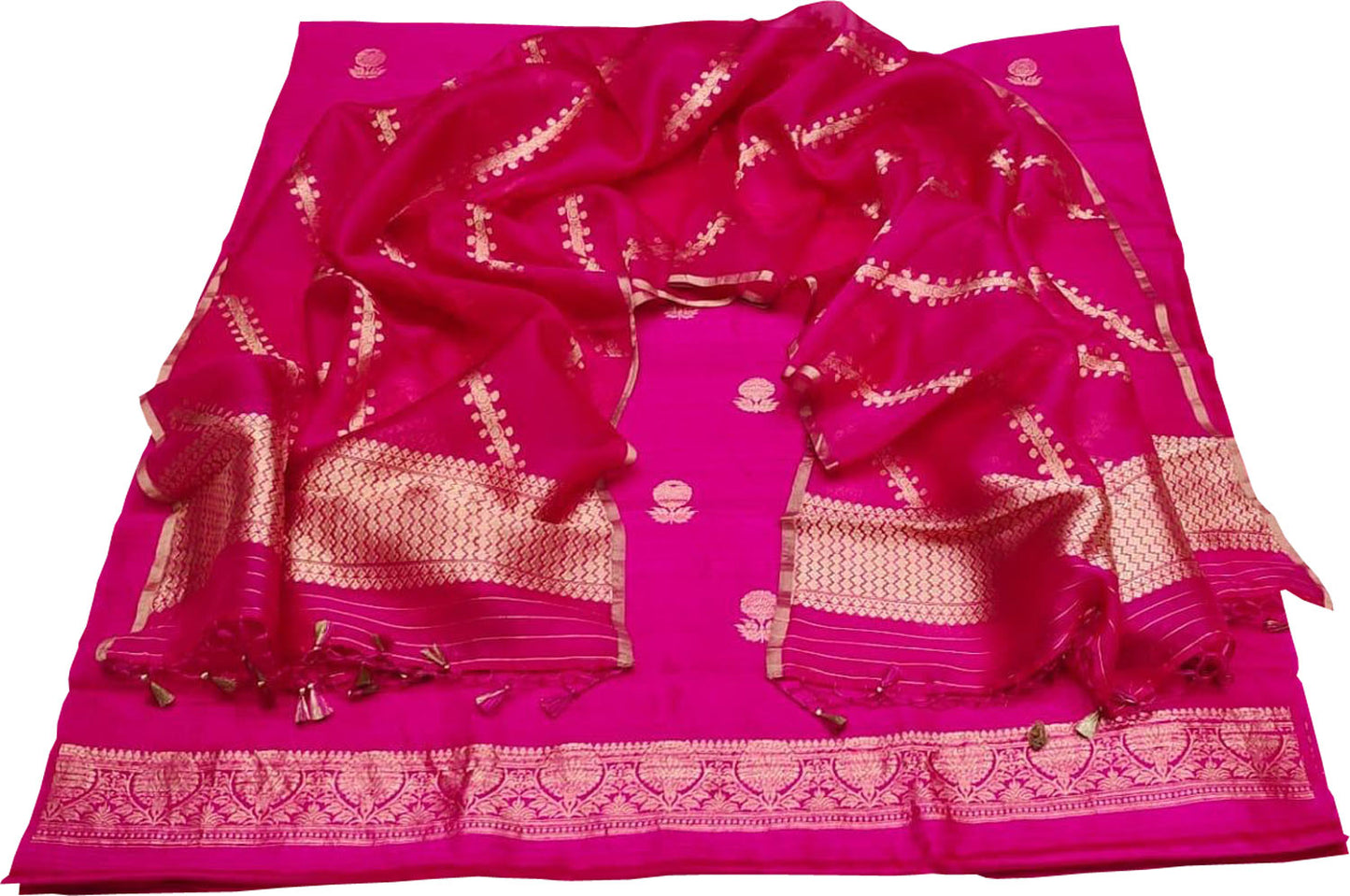 Elegant Pink Banarasi Pure Raw Silk Kadwa Three Piece Unstitched Suit With Kora Dupatta - Luxurion World
