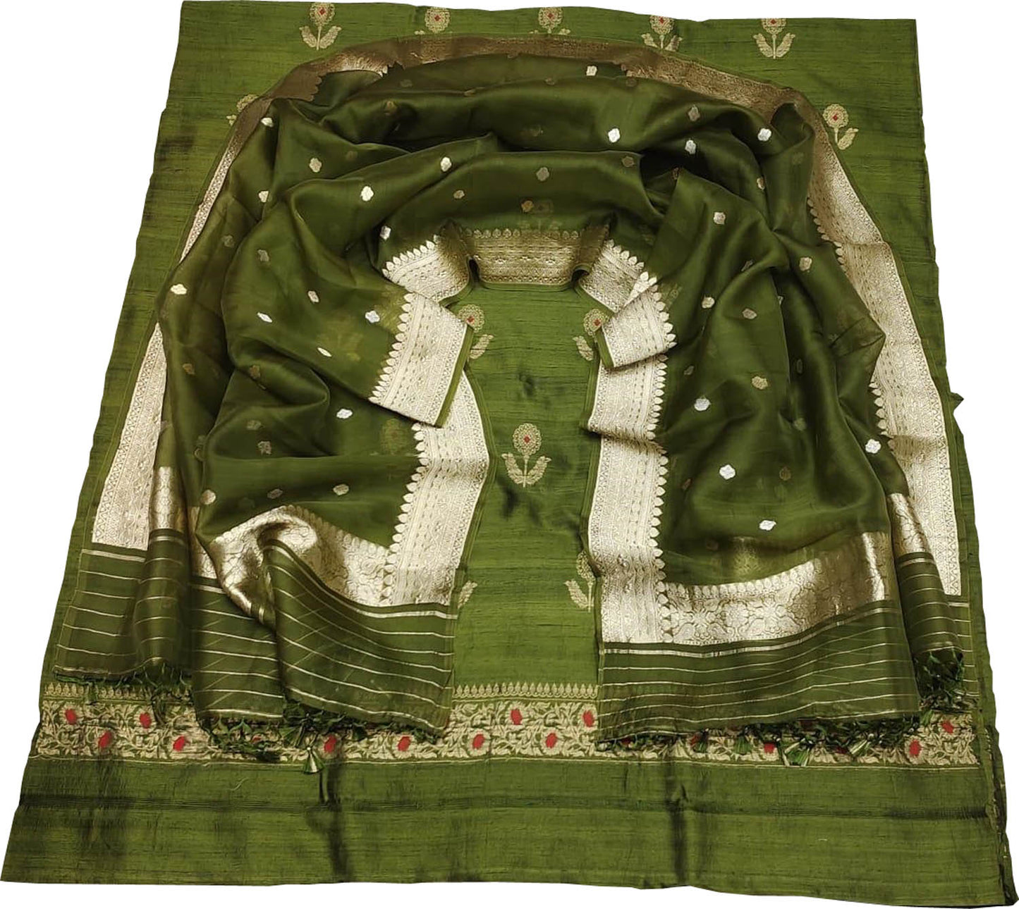 Elegant Green Banarasi Pure Raw Silk Kadwa Three Piece Unstitched Suit With Kora Dupatta - Luxurion World