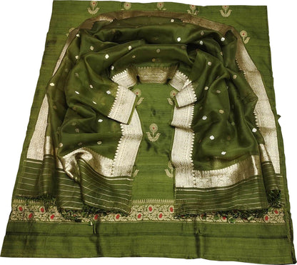 Elegant Green Banarasi Pure Raw Silk Kadwa Three Piece Unstitched Suit With Kora Dupatta - Luxurion World