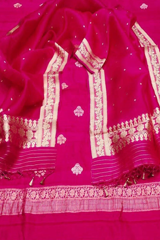 Elegant Pink Banarasi Pure Raw Silk Kadwa Three Piece Unstitched Suit With Kora Dupatta - Luxurion World