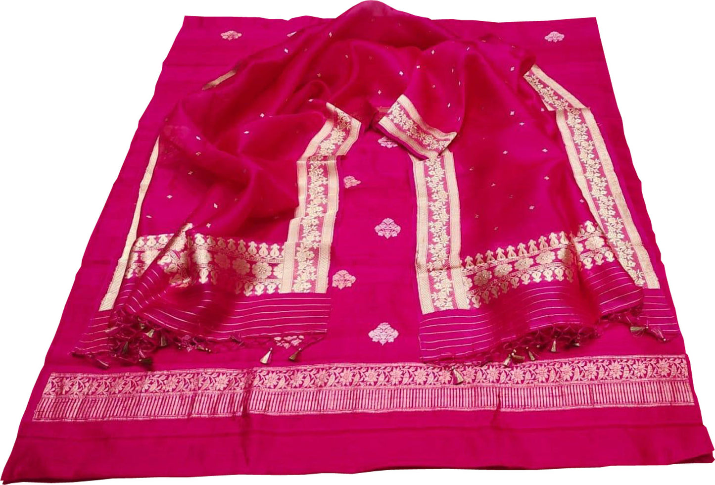 Elegant Pink Banarasi Pure Raw Silk Kadwa Three Piece Unstitched Suit With Kora Dupatta - Luxurion World