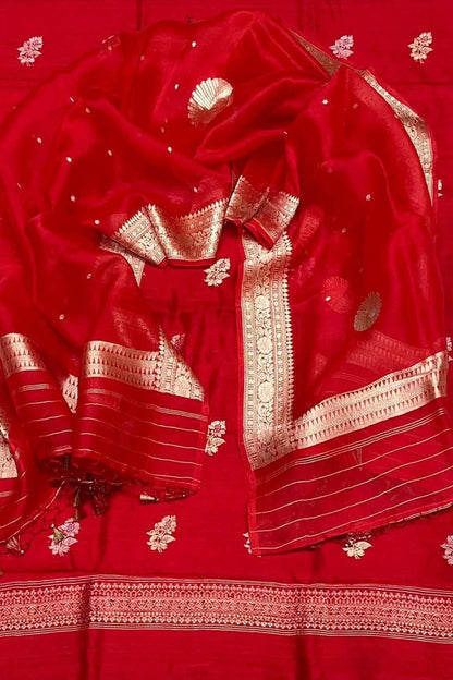 Elegant Red Banarasi Pure Raw Silk Kadwa Three Piece Unstitched Suit With Kora Dupatta - Luxurion World