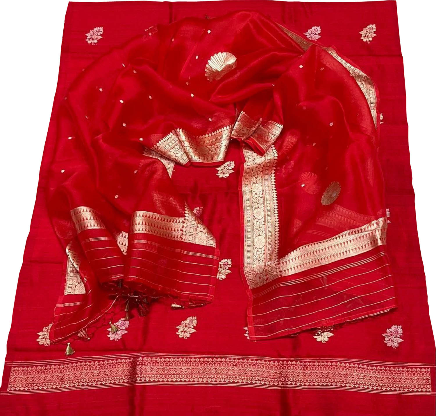 Elegant Red Banarasi Pure Raw Silk Kadwa Three Piece Unstitched Suit With Kora Dupatta - Luxurion World