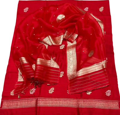 Elegant Red Banarasi Pure Raw Silk Kadwa Three Piece Unstitched Suit With Kora Dupatta - Luxurion World