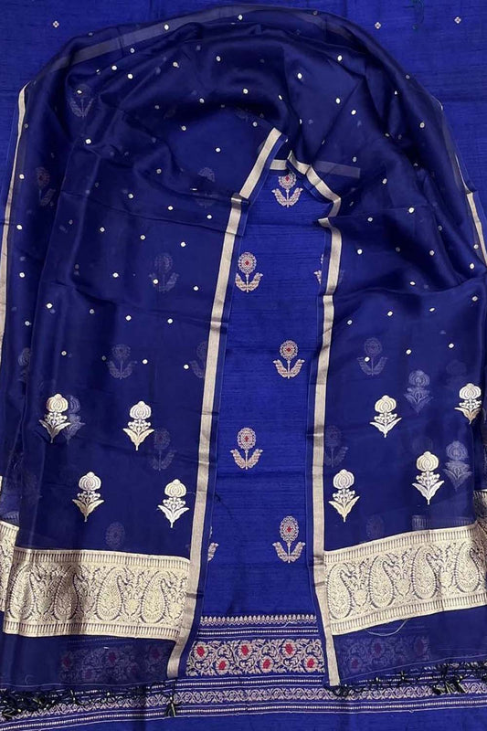 Blue Banarasi Pure Raw Silk Kadwa Three Piece Unstitched Suit With Kora Dupatta - Luxurion World